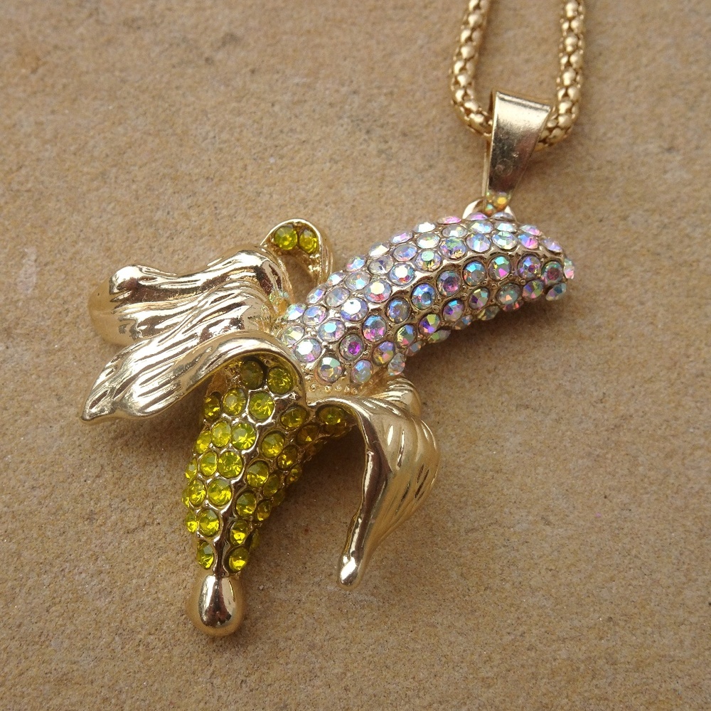 Iridescent Yellow Jewel Tropical Banana Long Summer Statement Necklace - Picture 2 of 8